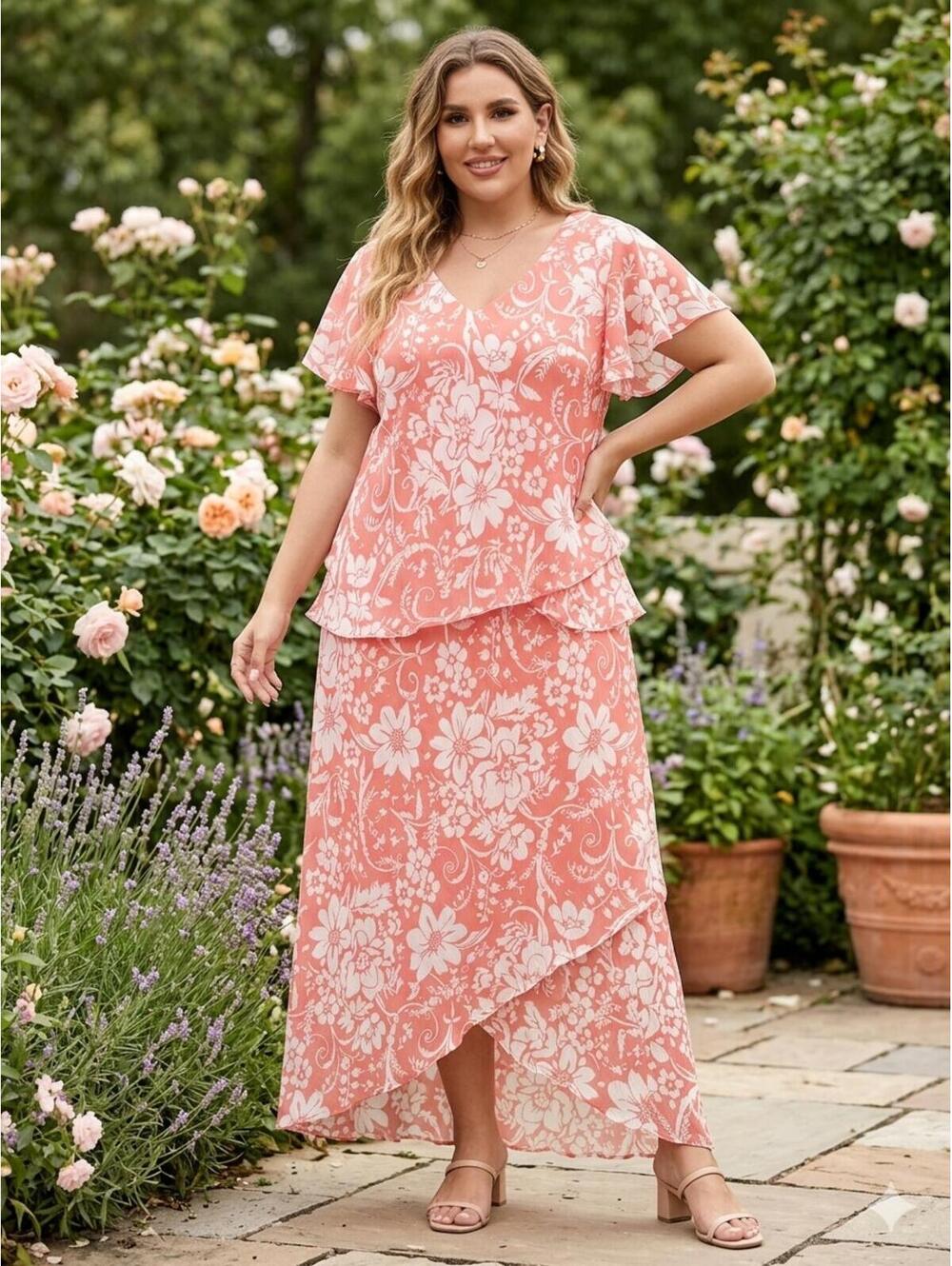 Lady Dorby Women's Plus Size 18W Coral Pink Floral Two-Piece